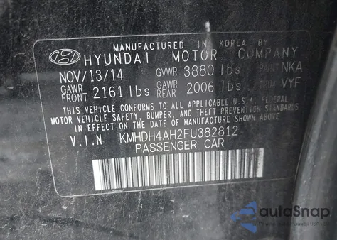 2015 Hyundai Elantra Sport z USA, uszkodzony, nr VIN KMHDH4AH2FU382812